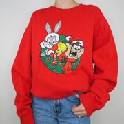 Vintage 90s Looney Tunes Christmas Sweatshirt - Bugs Bunny, Tweety & Taz