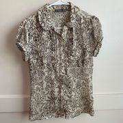 Apt 9 Cream & Brown Paisley Pleated Button Down Short Sleeve Shirt