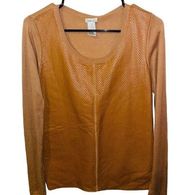 Neiman Marcus Leather Front Silk Blend Long Sleeve Knit Top