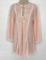Christian Dior VINTAGE Nightgown Lace Scalloped Tassel Tie Semi-Sheer Sz S Pink