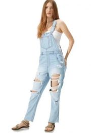 American Eagle 90s Boyfriend Overalls Light Wash Heavily Distressed Size Medium