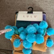 Funky Lulu scarf with turquoise pompoms