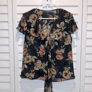 black ruffle floral see through button down blouse front tie