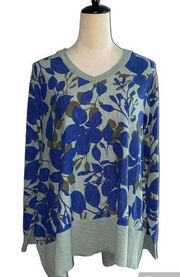 LOGO Lori Goldstein Women’s V-Neck Floral Sweater Green Blue Oversized Cotton L