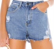 Revolve  High-waisted
Rhinestone Distressed medium wash denim Shorts