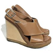 Chloe Criss-Crossed Brown Leather Slingback Wedge Heels Size 38.5 Preowned