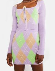 Purple Plaid Square Neck Knit Cardigan with a Green Heart-Shaped Rhinestone Zipper Pull