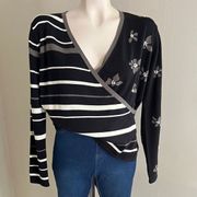 VINTAGE Mia Nola 90s black striped faux wrap floral embroidered sweater