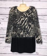 Joseph Ribkoff Size 10 Animal Print - Black Long Sleeve Fringe Tunic Blouse Top