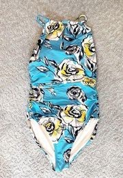 Garnet Hill Swimsuit One Piece Teal Blue Yellow Floral Keyhole Neck 8