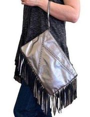 HOBO Veranda Hematite Silver Leather Fringe Studded Wristlet Bag Clutch Purse