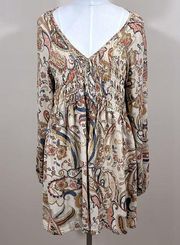 MELLODAY V-Neck Elastic Waist LongSleeve Cream Paisley Blouson Tunic Dress Large