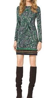 boatneck navy green paisley nautical long sleeve mini dress sz S