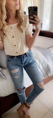 Checked Button Up Crop Top Blouse