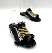 Proenza Schouler Woven Leather Slide Sandals Black Yellow Stripe