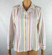 Vintage Long Sleeve Semi Sheer Rainbow Striped Button Up Blouse Top Shirt