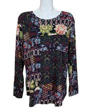 Black and Multi Color Floral Design Long Sleeve Top XL