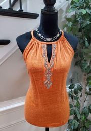 International Concepts Orange 100% Linen Round Neck Sleeveless Top Blouse Small