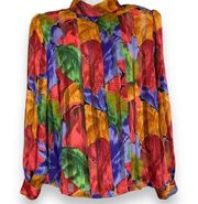 Vintage Floral Blouse Sheer Stripe Vibrant Colors Rolled Collar Eclectic Pleats‎