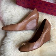 Tory Burch Beige Tan Stacked Wedge Wood Heels 6.5