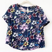 Navy Blue Floral Short Sleeve Blouse