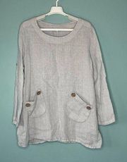 Tempo Paris Gray Linen Tunic Patch Pockets Pullover Made in Italy Size Medium