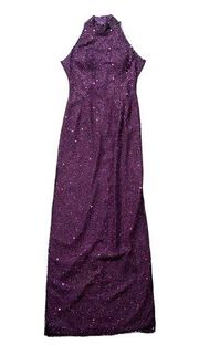 Scala Formal 100% Silk Maxi Sequin Halter Low Back Sleeveless Dress | Size S