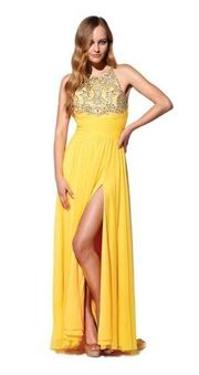 Terani Couture Yellow Open Leg Slit Cross Back Sleeveless Prom Dress Size 4