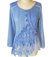 SIMPLY COUTURE Women's Lined Linen Light Blue Lace Pullover Tunic Sweater ~ M/L