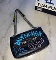 Balenciaga BB Black Multi Graffiti Logo Leather Medium Shoulder Bag