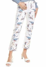 Jeans Embroidered Floral Cropped Straight Leg White Denim Trousers Size 36