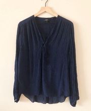 navy silk blouse long sleeve sheer checkered pattern - size L