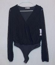 NWT SO Black Long Sleeve V Neck Faux Wrap Thong Back Bodysuit size medium