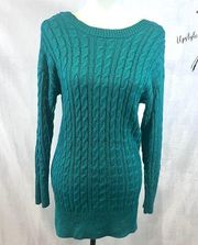 Long sleeve teal green cable knit tunic lace back sweater size medium