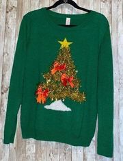 Women's Ugly Christmas Tree 3-D Sweater Gold Garland Tinsel Bling Jingle Bells