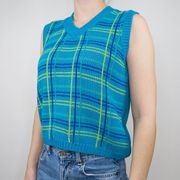 Vintage 70s Esprit Teal Plaid Knit Sweater Vest