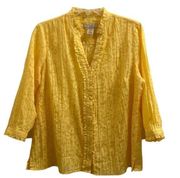 Covington Petite Yellow Sheer Floral Button Up 3/4 Sleeve Top