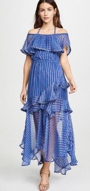 MISA Ambrosia Ruffle Hem Striped Midi Dress Metallic Gold Royal Blue Tiered NEW