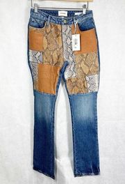 Frame Le Mini Boot Cut Leather Patchwork Snake Print Blue Denim Jeans