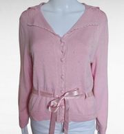 Worthington Pink Pastel Belted Pointelle Cottagecore Cardigan Size LP