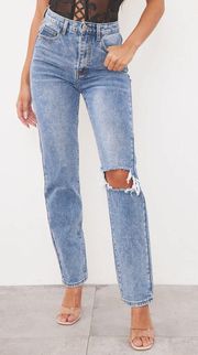 Light Blue Wash Open Knee Long Leg Straight Leg Jeans