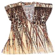 George Simonton brown print top w/ buttons & bling at shoulder wrap front