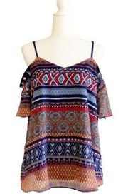 Coco & Carmen Top Blouse Siren Vibrant Print Short Sleeve Cold Shoulder L/XL