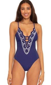 New. BECCA blue plunge neck with crochet swimsuit. Small