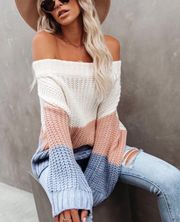 NEW White/Pink/Blue Knitted Off the Shoulder Long Sleeve Colorblock Oversized Pullover Sweater