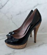 GUCCI Black Patent Leather Cork Heels Size 37/7