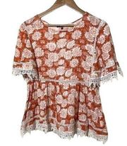 Love Culture Blouse Orange White Floral Laced Trim Large