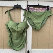 Nicole Miller Green Tankini Top Swimsuit Plus Size 2X Ruched Paisley