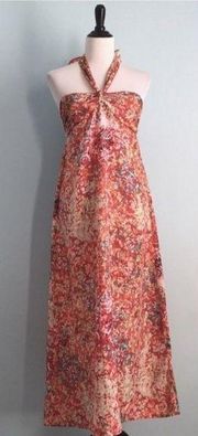 Floral halter tie neckline Maxi Dress LARGE Orange