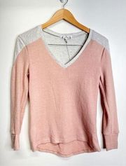 Poof New York Shirt Womens Long Sleeve V Neck Pink/Gray Size Small NWT